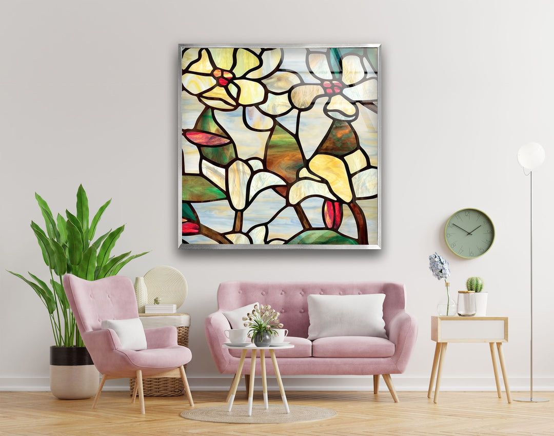 Stained Magnolia Art Glass Wall Art print on glass, glass printed photos