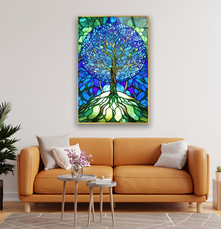 Stained Glass Of Tree Of Life In Blue Glass Wall Art, glass image printing, glass prints from photos