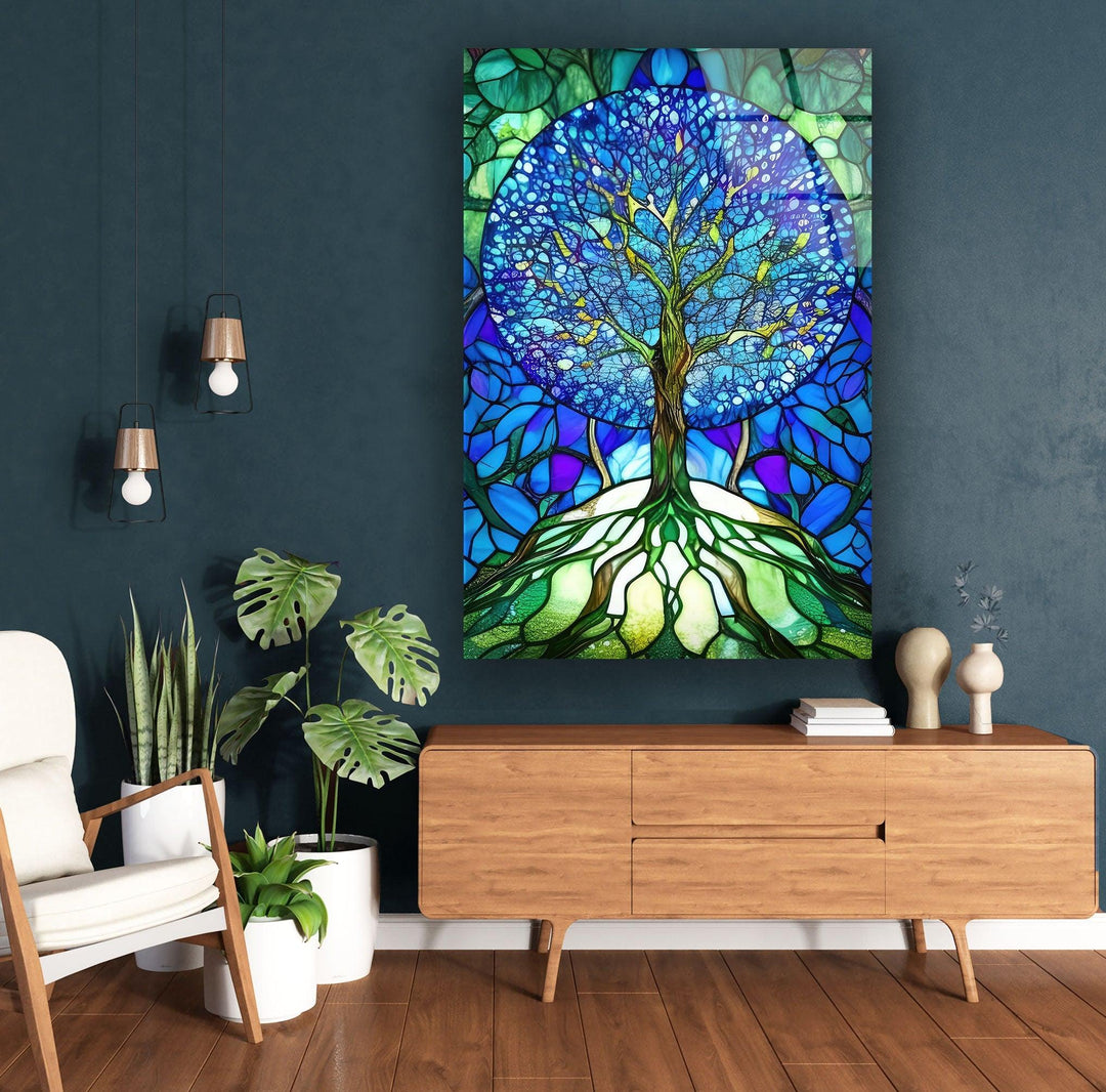 Stained Glass Of Tree Of Life In Blue Glass Wall Art, Glass Printing Wall Art, Print photos on glass