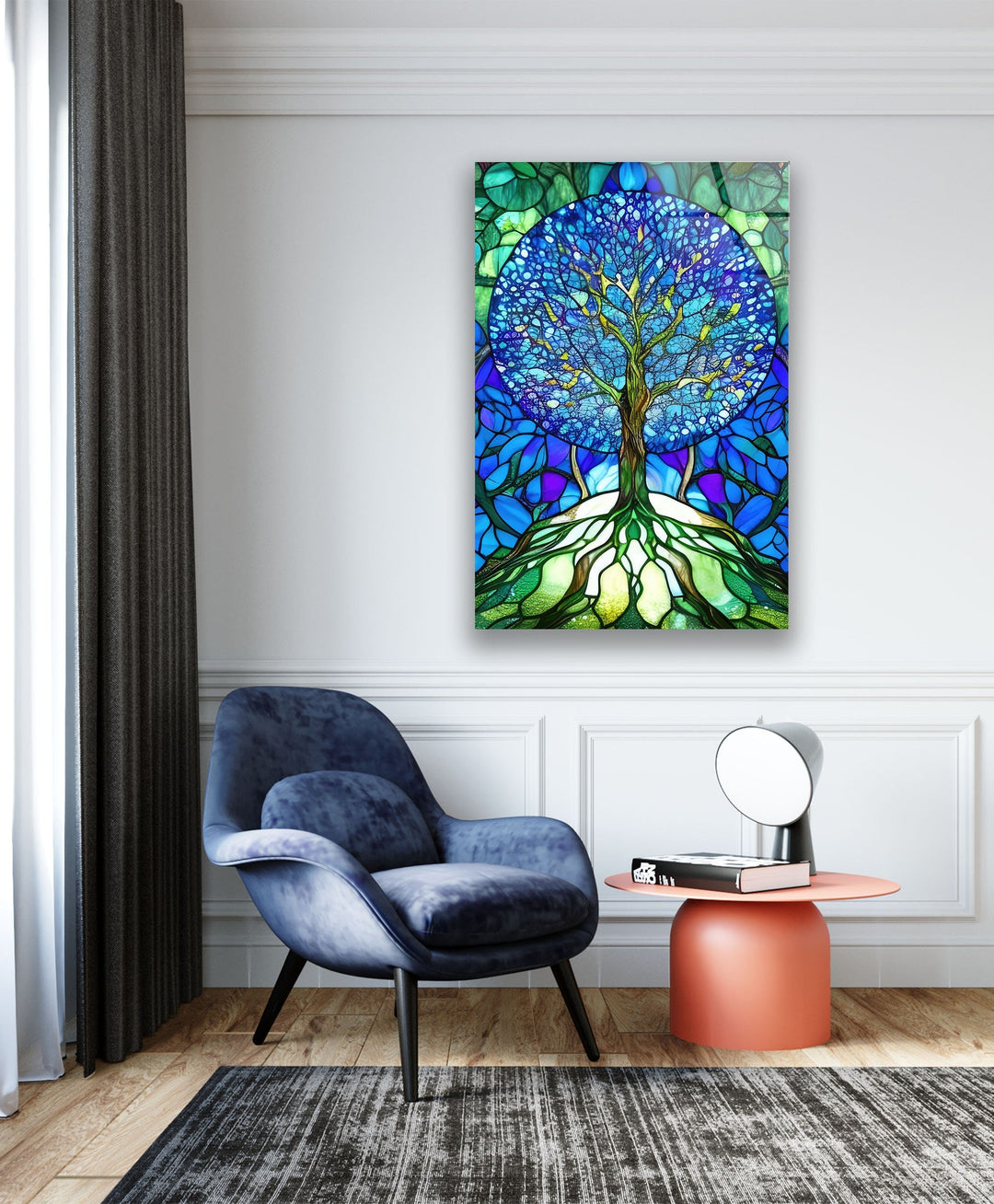 Stained Glass Of Tree Of Life In Blue Glass Wall Art, custom glass pictures, glass art prints