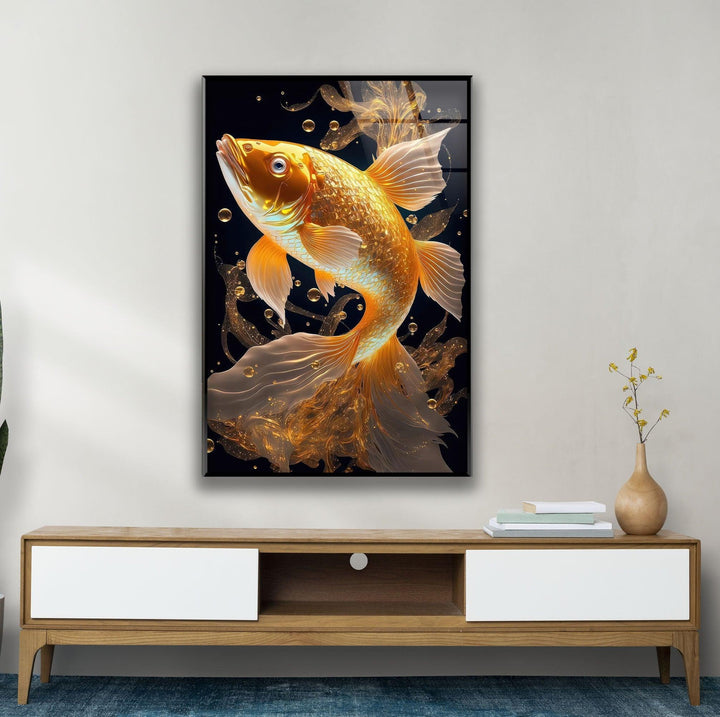 Golden Koi Fish Glass Wall Art photo print on glass, prints on glass wall art