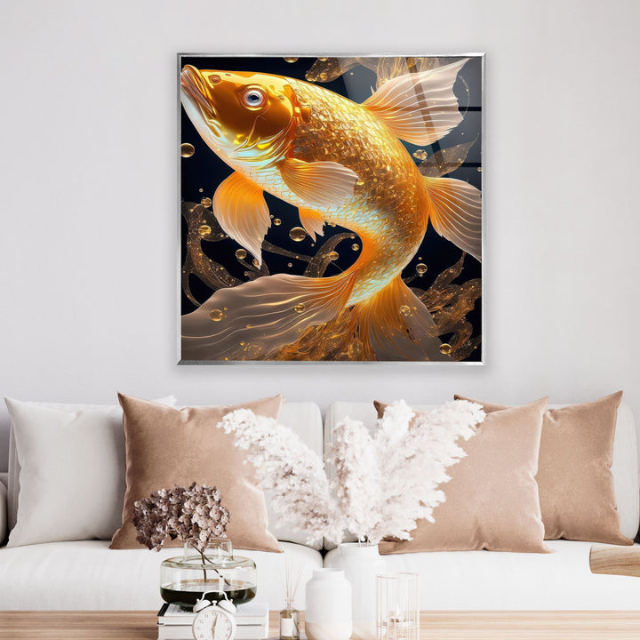 Golden Koi Fish Glass Wall Art print on glass, glass printed photos