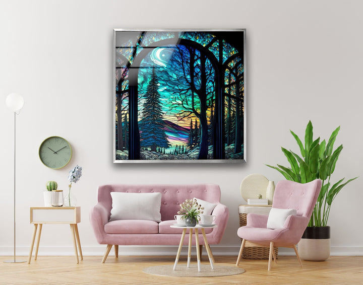 Stained Night Forest Glass Wall Art picture on glass wall art, photos printed on glass