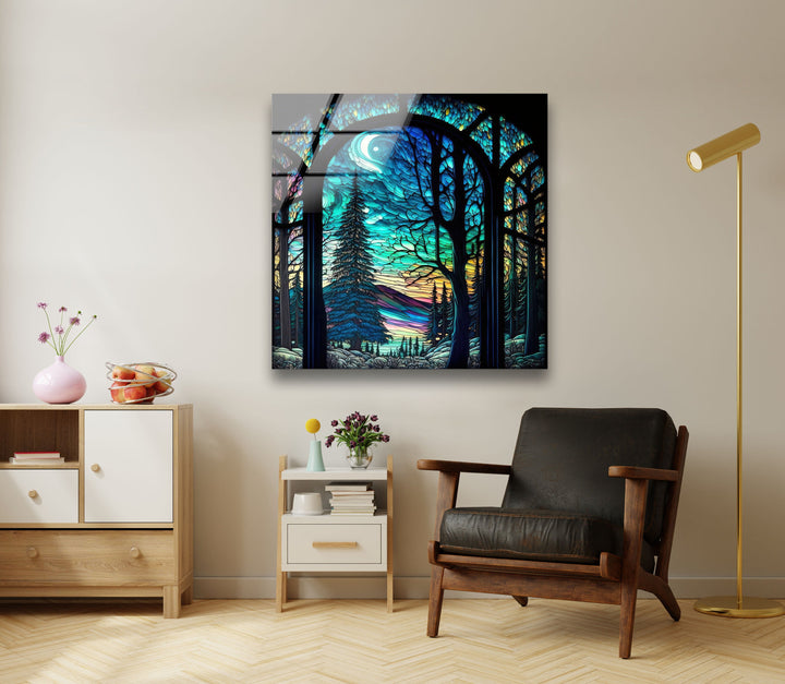 Stained Night Forest Glass Wall Art print on glass, glass printed photos