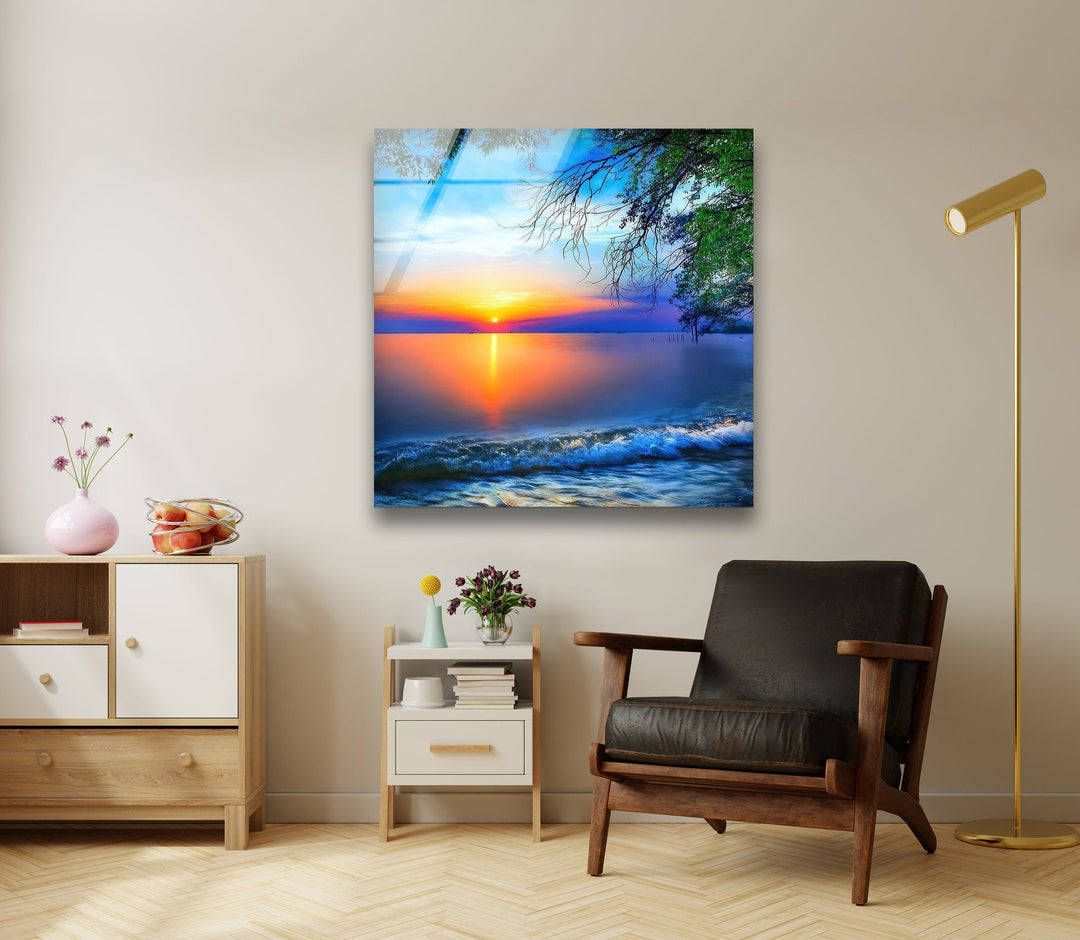 Sunset Sea Wave Glass Wall Art picture on glass wall art, photos printed on glass