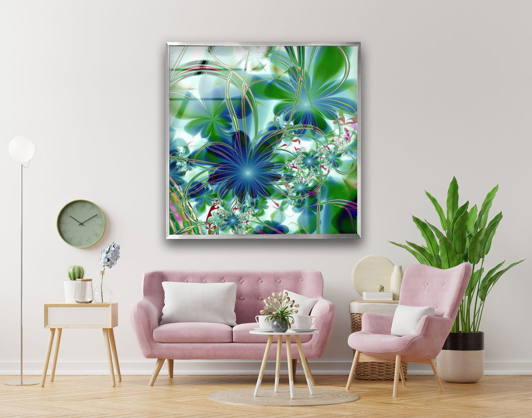 Green Fractal Floral Glass Wall Art, picture on glass wall art, photos printed on glass