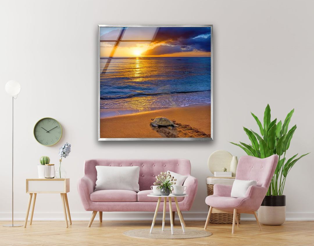 Sunset Sea Turtle Glass Wall Art glass pictures for Wall, glass prints wall art