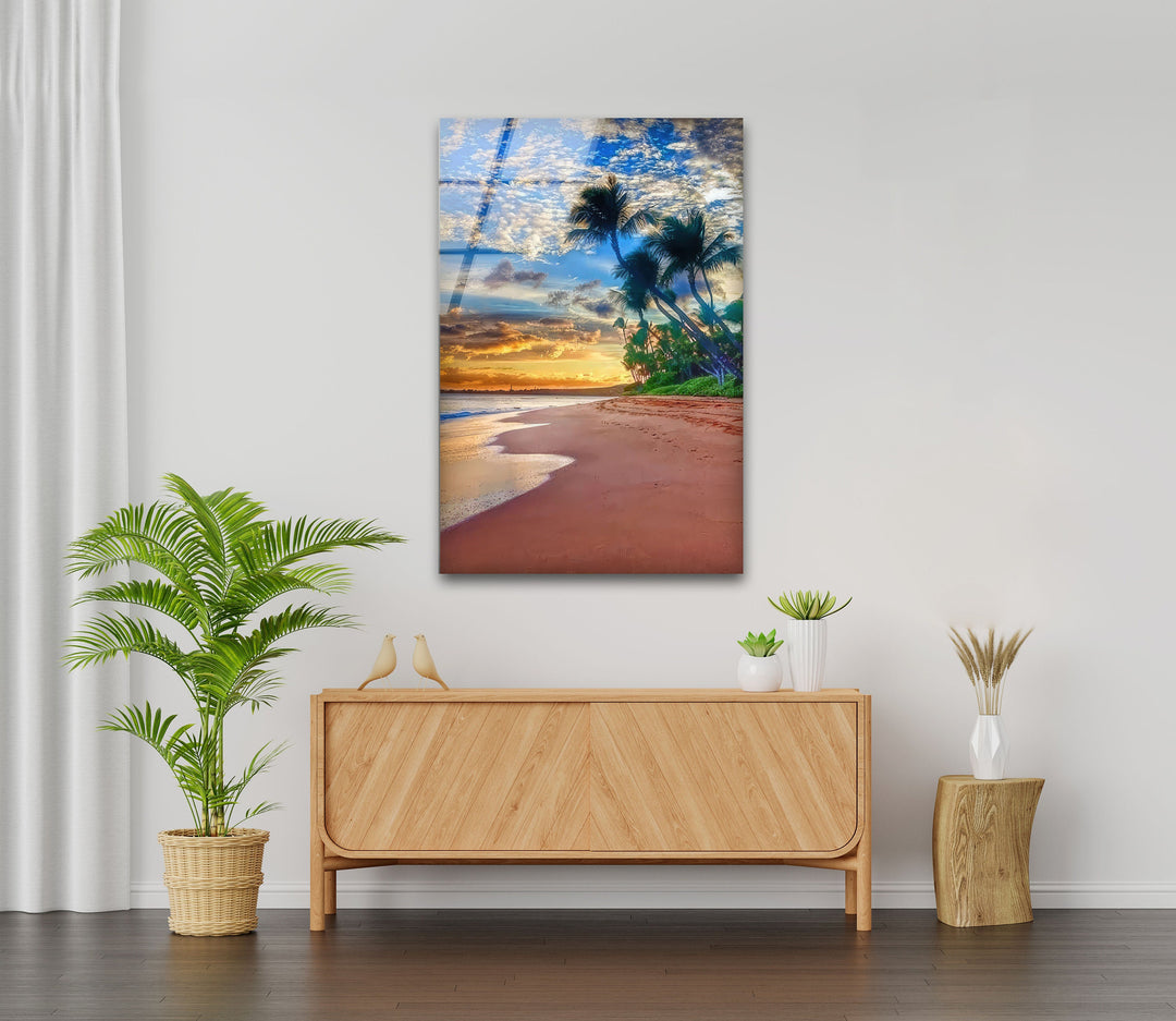 Sunset on The Tropic Beach Glass Wall Art print picture on glass, Tempered Glass Wall Art