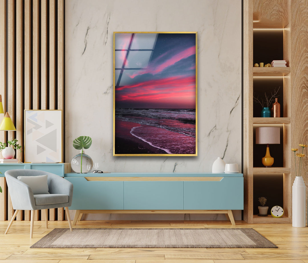 Red Sunset Landscape Glass Wall Art custom glass pictures, glass art prints