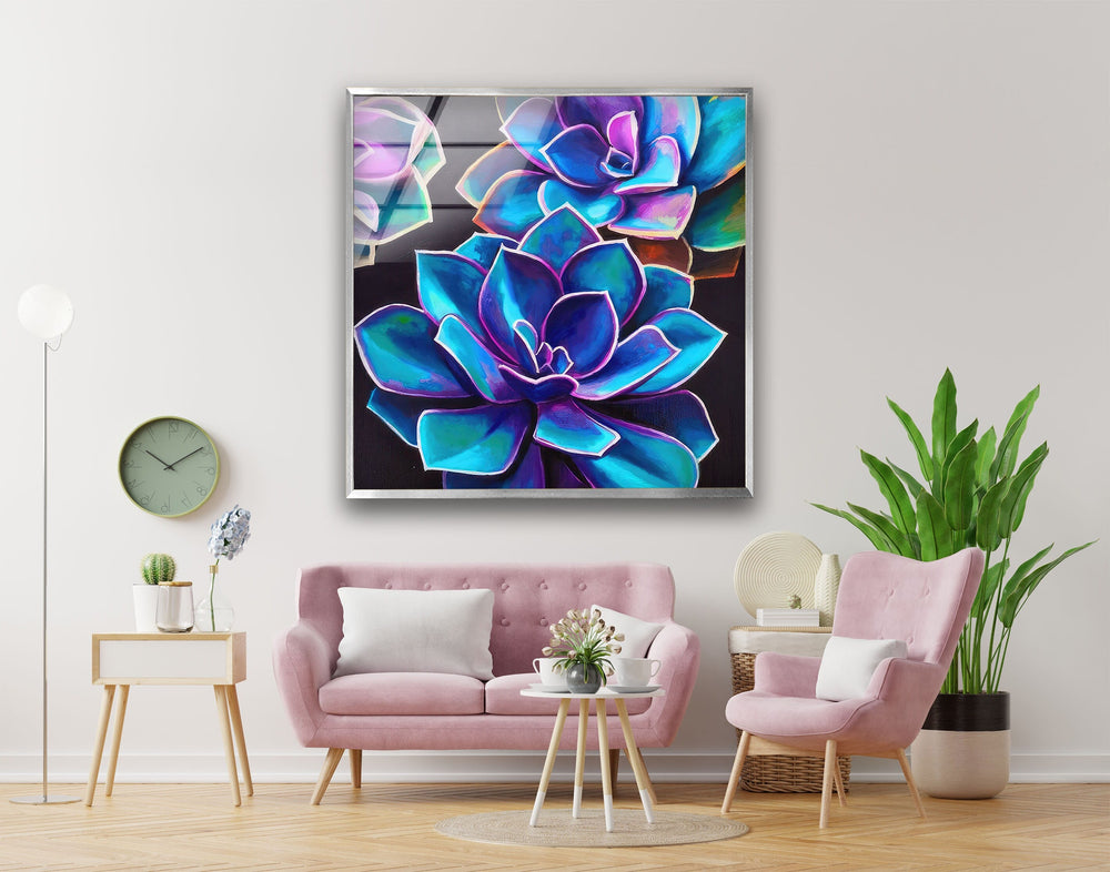 Oil Painting Purple Succulent Glass Wall Art, glass wall decor, glass wall art decor