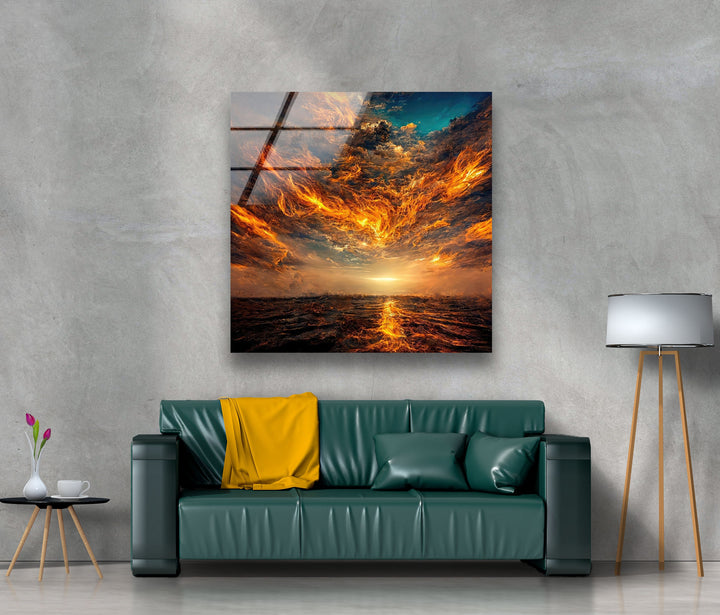 Burning Sky Landscape Glass Wall Art glass art painting, glass art for the Wall