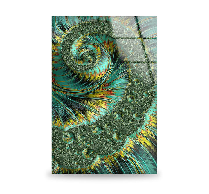 Jade and Yellow Fractal Spiral Glass Printing Arts