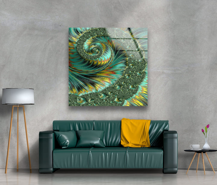 Jade and Yellow Fractal Spiral Glass Wall Art