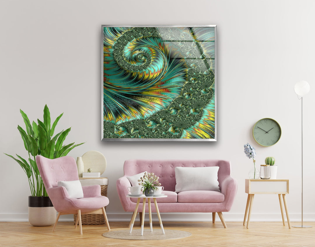 Jade and Yellow Fractal Spiral Glass Wall Art