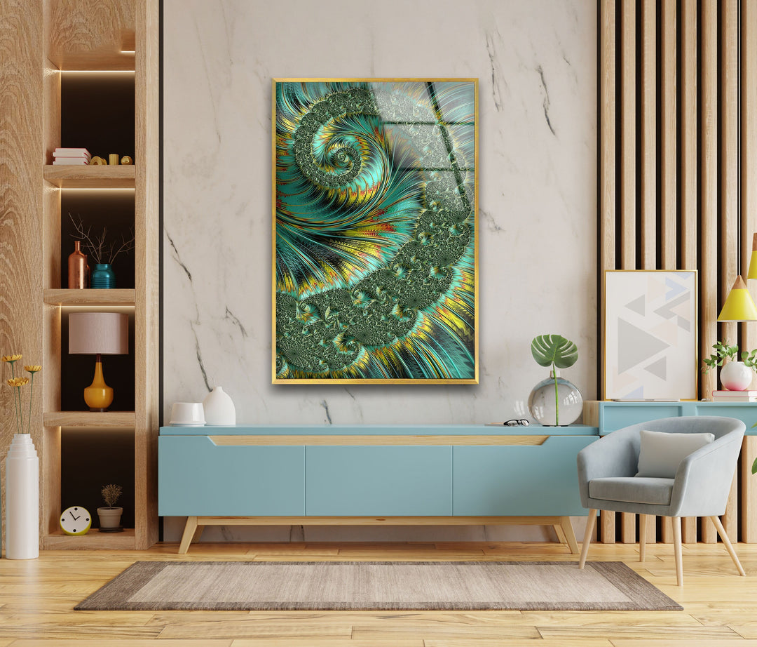 green Fractal Spiral Glass Printing wall Arts