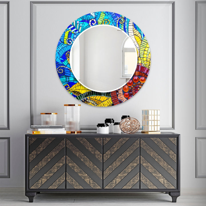 Stained Blue Round Wall Mirror Modern Mirror
