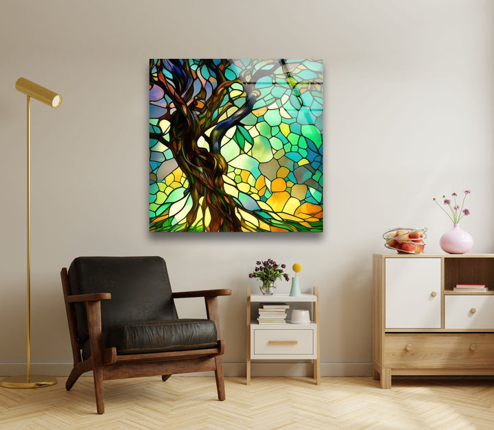 Life of Tree Green Stained Glass Wall Art Glass Printing Wall Art, Print photos on glass