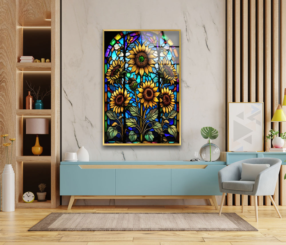 Sunflower Stained Window Glass Wall Art, glass wall decor, glass wall art decor