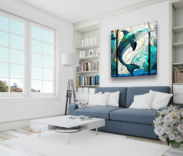 Stained Dolphin Glass Wall Art print on glass, glass printed photos