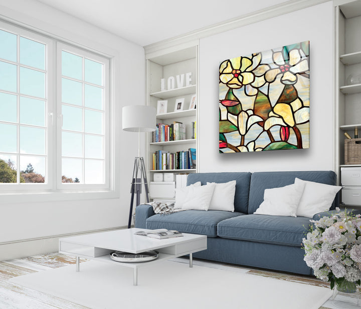 Stained Magnolia Art Glass Wall Art print picture on glass, Tempered Glass Wall Art