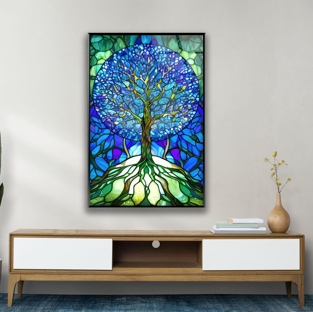 Stained Glass Of Tree Of Life In Blue Glass Wall Art, glass pictures for Wall, glass prints wall art