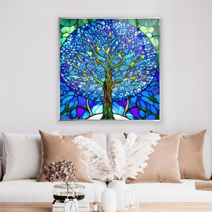 Stained Glass Of Tree Of Life In Blue Glass Wall Art, large glass photo prints, glass wall photos