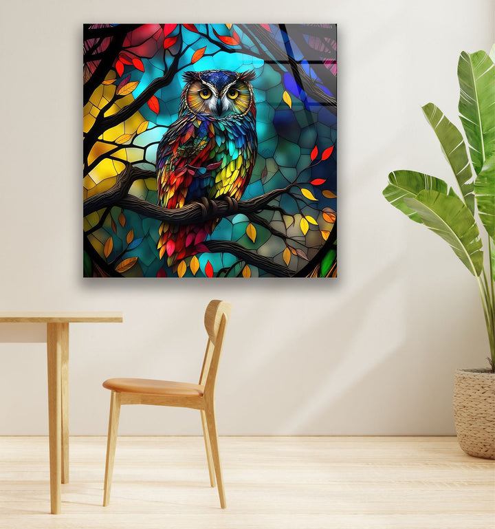 Brightly Coloured Owl Glass Wall Art glass art painting, glass art for the Wall