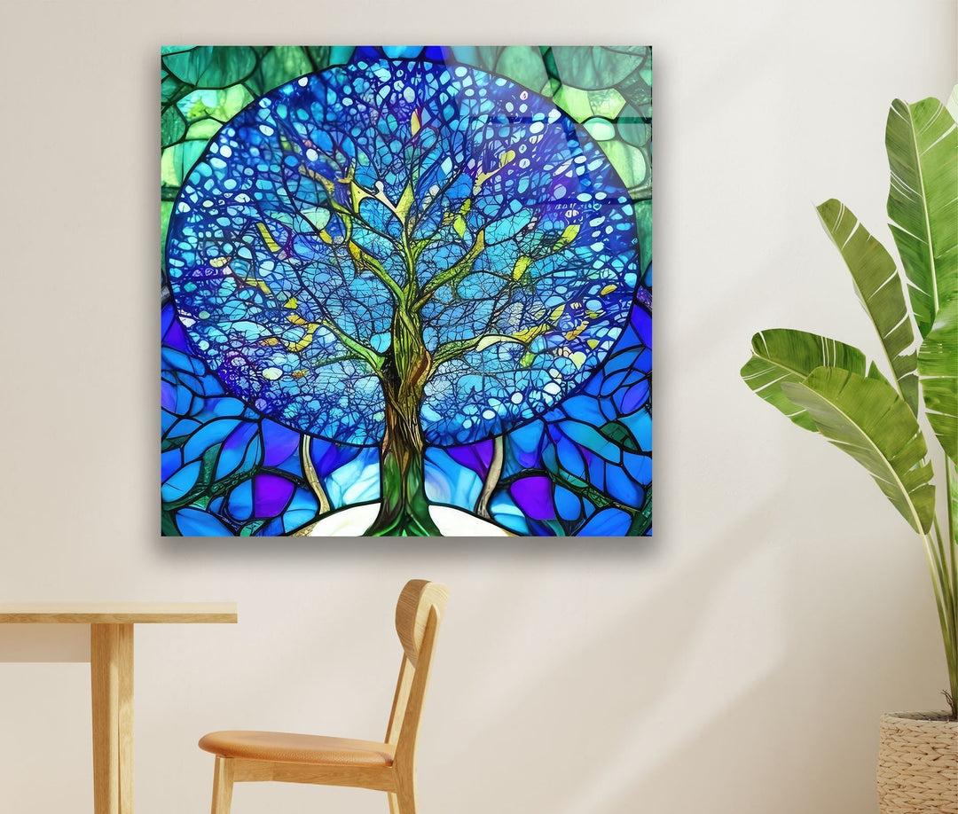 Stained Glass Of Tree Of Life In Blue Glass Wall Art, glass photo prints, glass picture prints