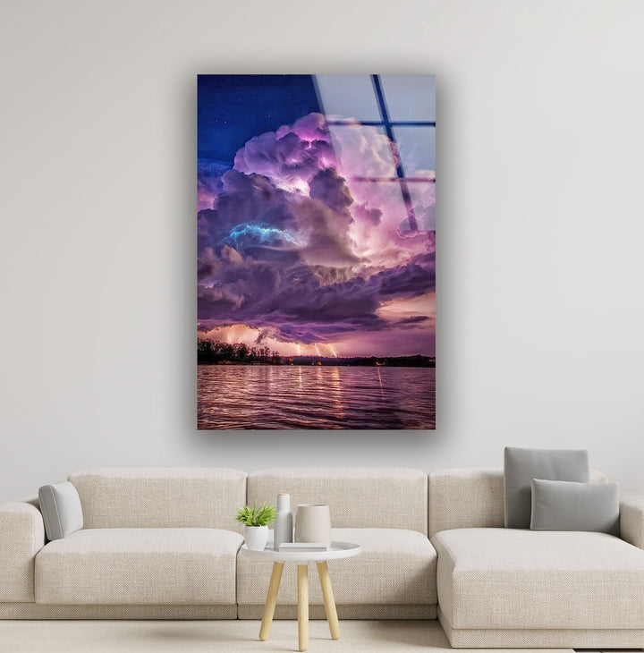 Lightning Storm Landscape Glass Wall Art print picture on glass, Tempered Glass Wall Art