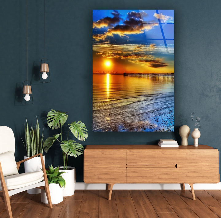 Bridge On The Ocean Sunset Glass Wall Art glass art painting, glass art for the Wall