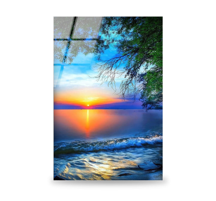 Sunset Sea Wave Glass Wall Art photo print on glass, prints on glass wall art