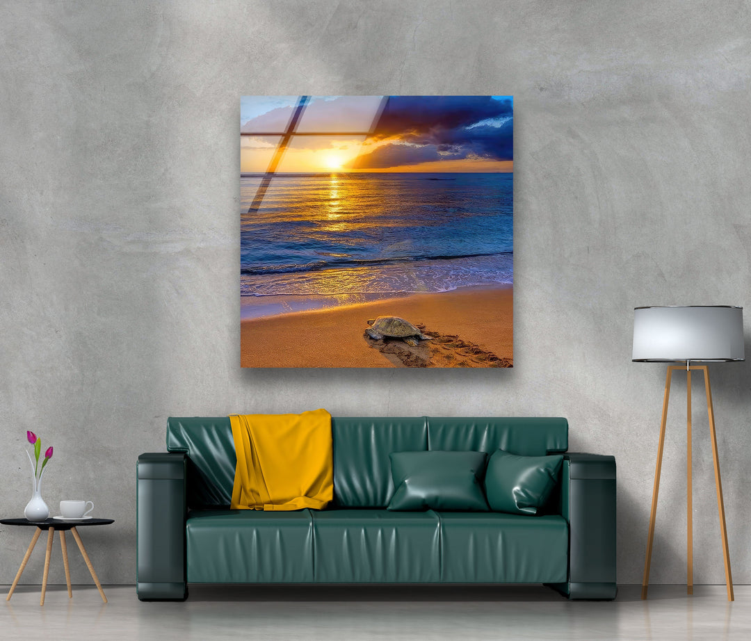 Sunset Sea Turtle Glass Wall Art Glass Printing Wall Art, Print photos on glass