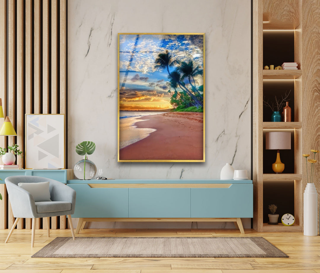 Sunset on The Tropic Beach Glass Wall Art glass art painting, glass art for the Wall