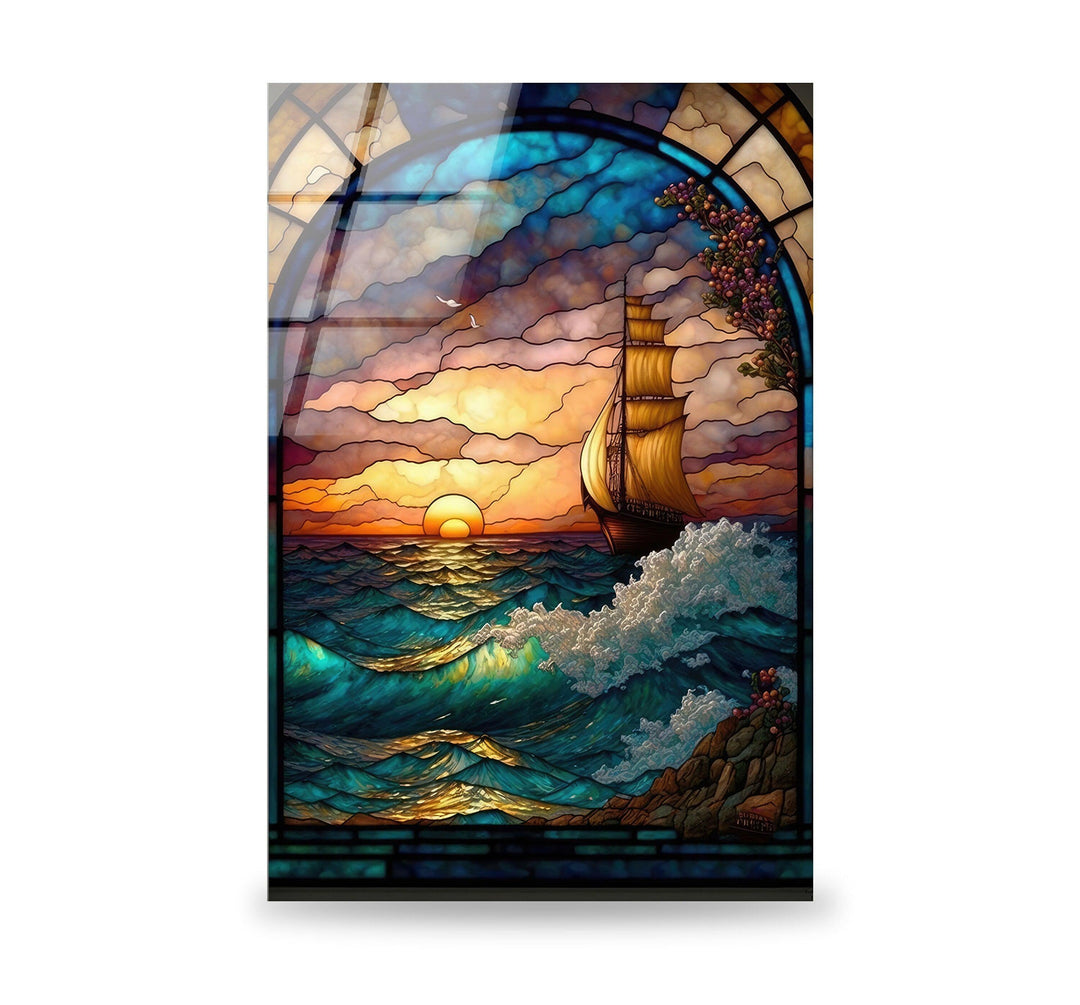 Stained Sea View Glass Wall Art glass pictures for Wall, glass prints wall art