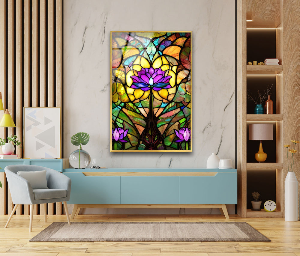 Stained Glowing Purple Lotus Glass Wall Art, glass wall decor, glass wall art decor