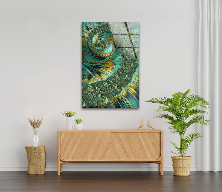 Jade and Yellow Fractal Spiral Glass Wall Art