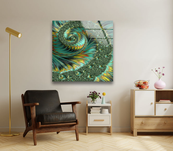 Jade and Yellow Fractal Spiral Glass Wall Art