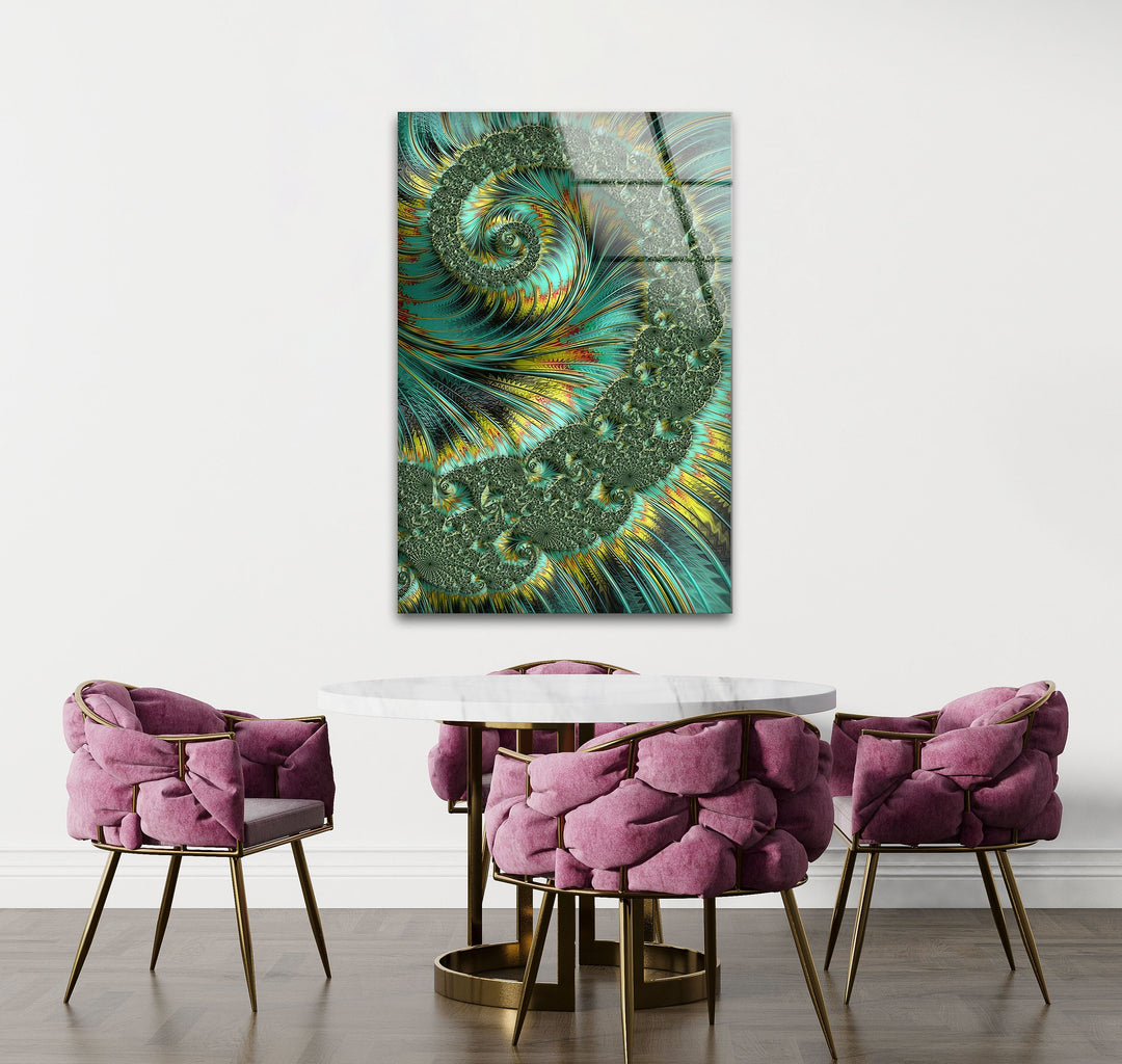 Jade and Yellow Fractal Spiral Glass Wall Art