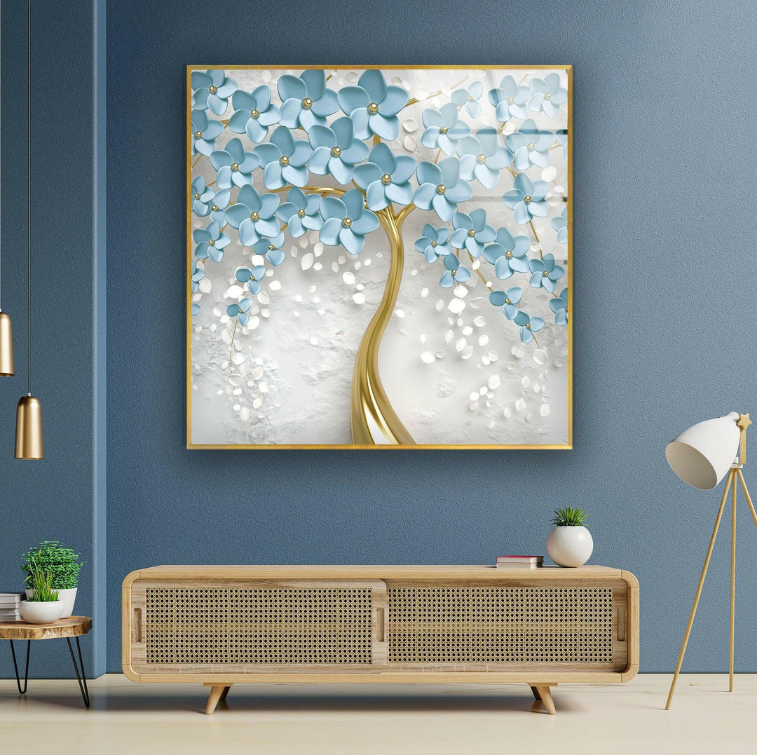 Blue and Gold Tree Modern Abstract Paintings on Glass - artdesigna glass wall art