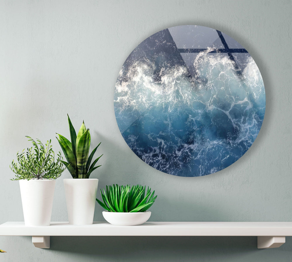 Abstract Round Ocean Waves Glass Wall Art custom glass pictures, glass art prints
