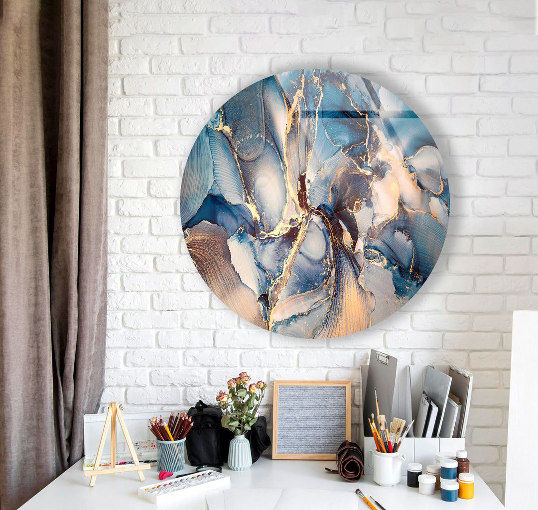 Blue Marble Pattern Round Glass Wall Art glass wall decor, glass wall art decor