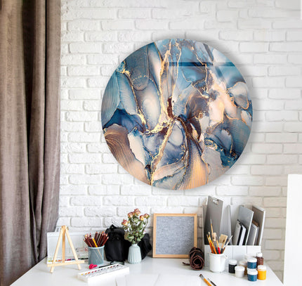 Blue Marble Pattern Round Glass Wall Art