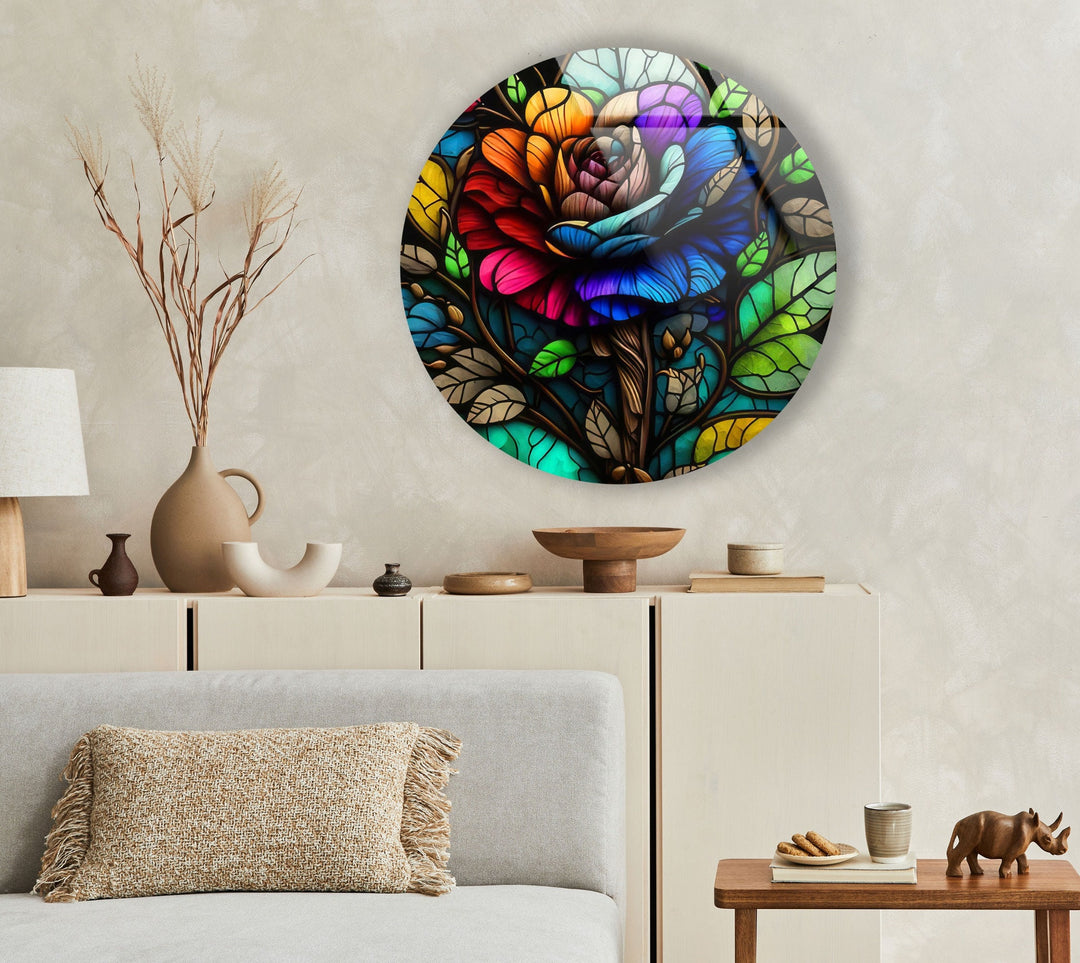 Stained Colored Rose Round Glass Wall Art custom glass photo prints, large glass prints
