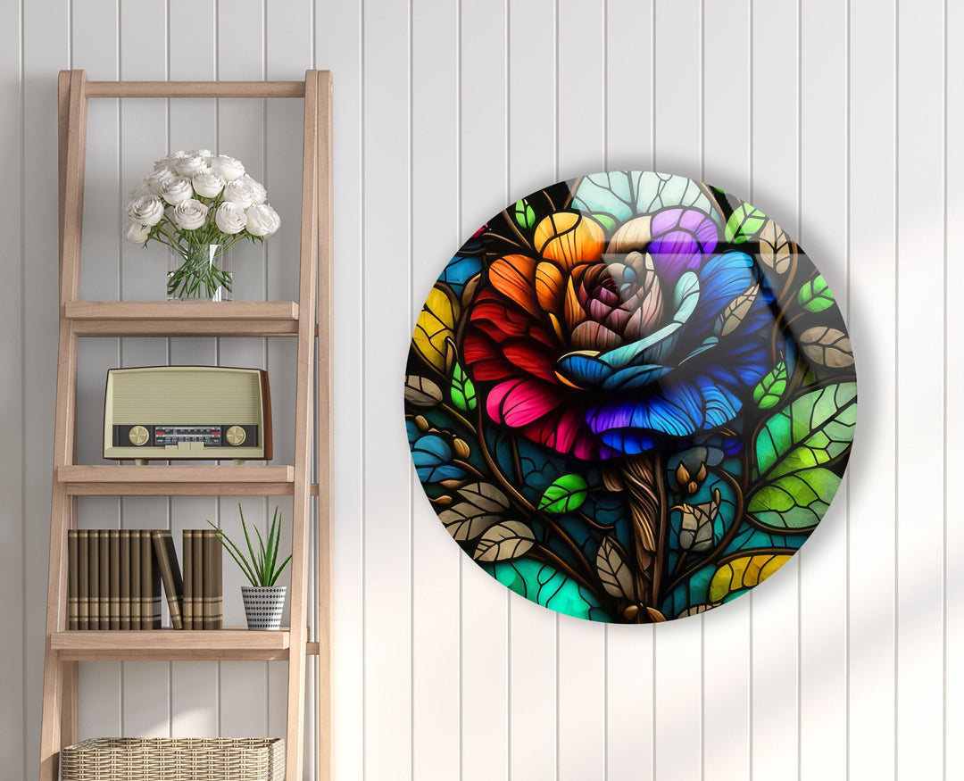 Stained Colored Rose Round Glass Wall Art photo print on glass, prints on glass wall art
