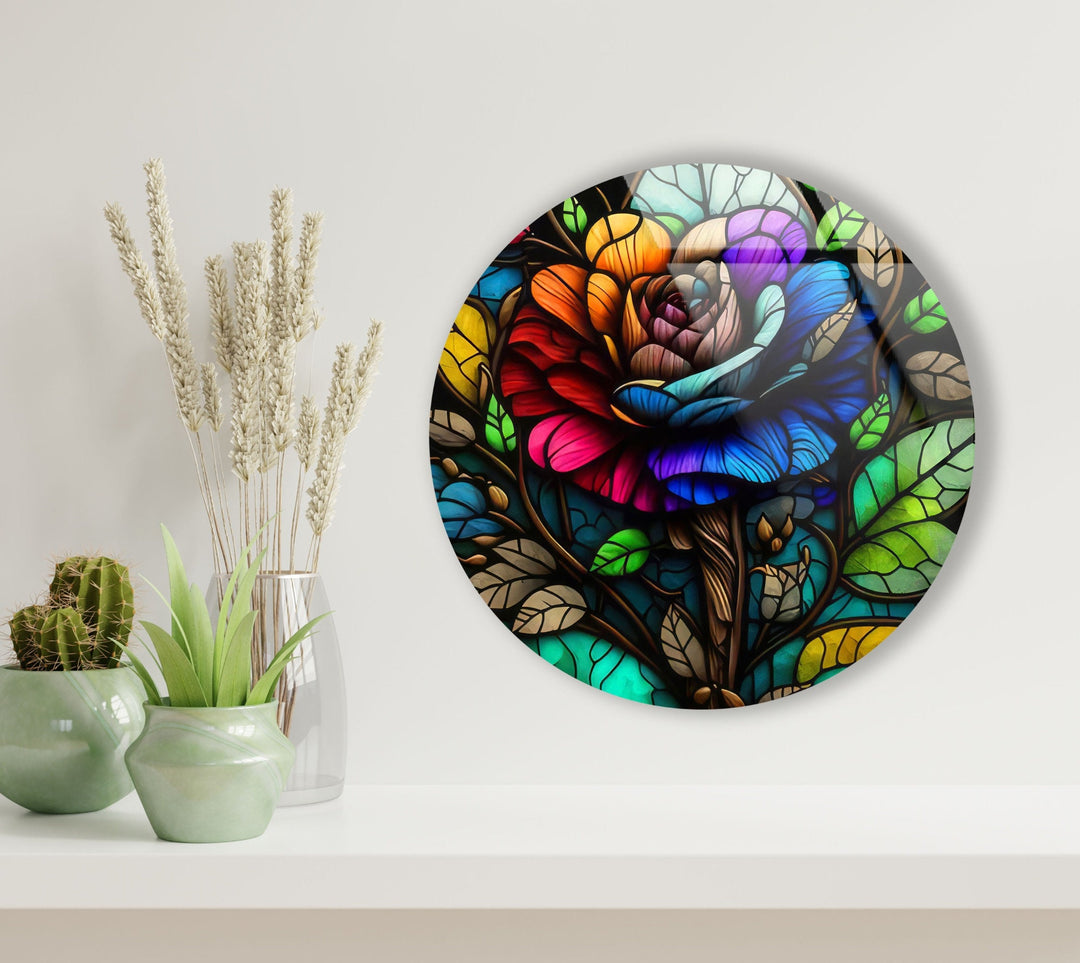 Stained Colored Rose Round Glass Wall Art glass pictures for Wall, glass prints wall art
