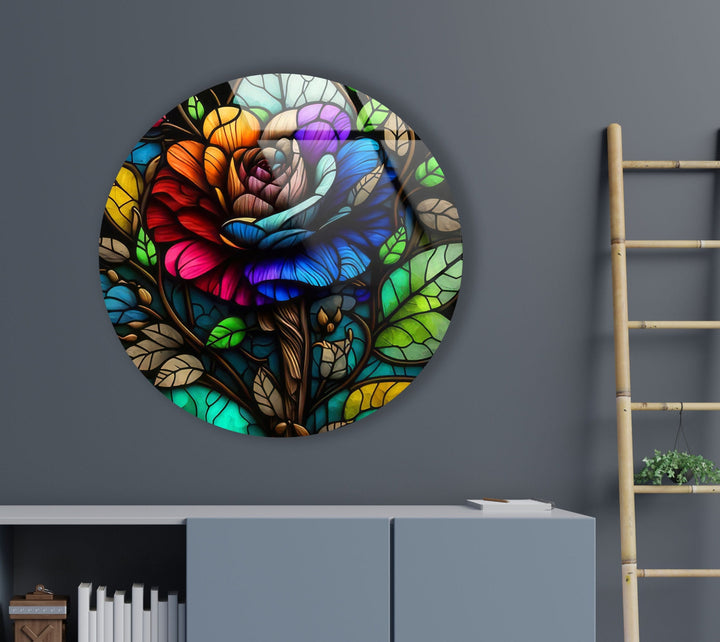 Stained Colored Rose Round Glass Wall Art glass image printing, glass prints from photos
