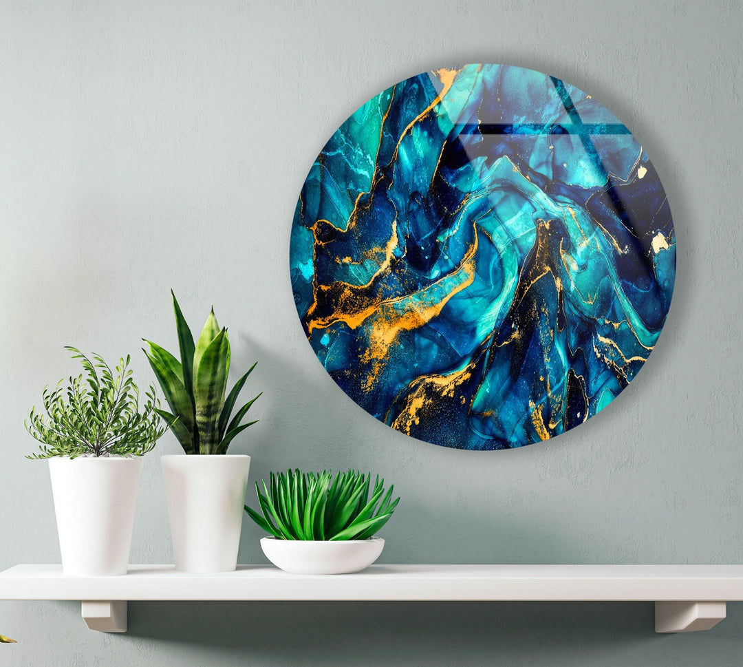 Abstract Round Dark Blue & Gold Glass Wall Art glass pictures for Wall, glass prints wall art
