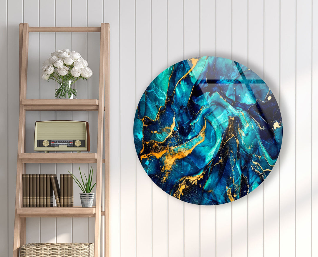 Abstract Round Dark Blue & Gold Glass Wall Art picture on glass wall art, photos printed on glass
