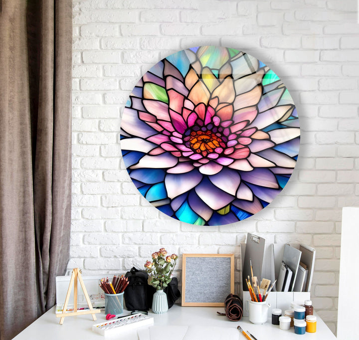 Pink Flower Details Stained Round Glass Wall Art stained glass wall art, stained glass wall decor
