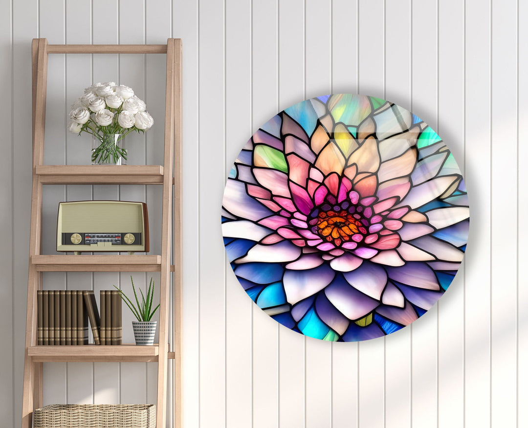 Pink Flower Details Stained Round Glass Wall Art glass art painting, glass art for the Wall
